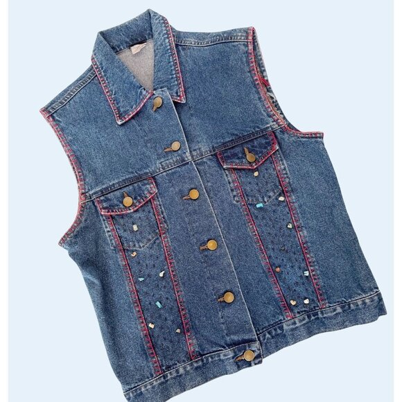 Vintage CEJON Denim Embellished 90s / 00s Vest Size Med - Picture 1 of 7